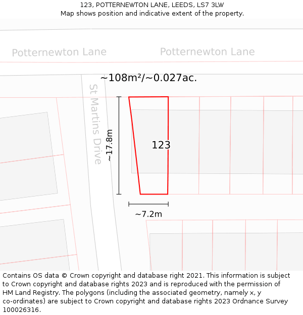 123, POTTERNEWTON LANE, LEEDS, LS7 3LW: Plot and title map