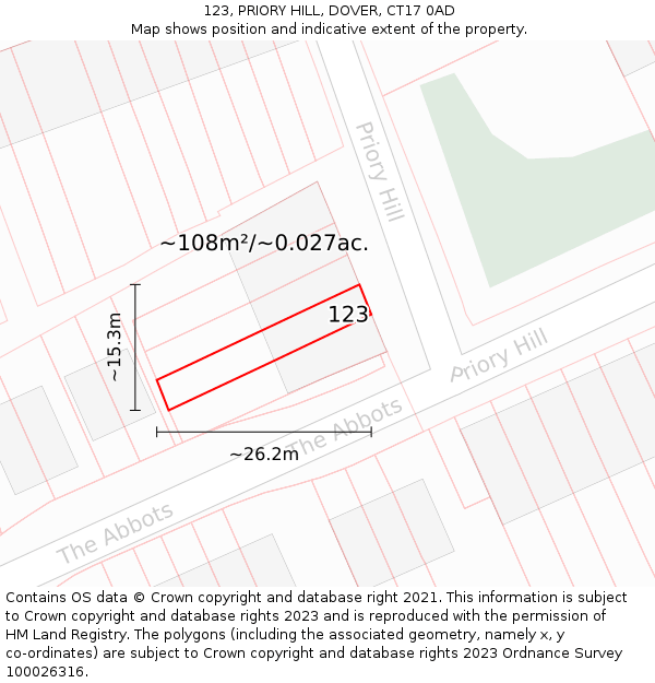 123, PRIORY HILL, DOVER, CT17 0AD: Plot and title map