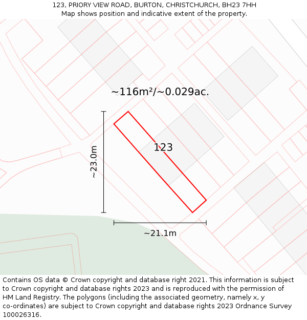 123, PRIORY VIEW ROAD, BURTON, CHRISTCHURCH, BH23 7HH: Plot and title map