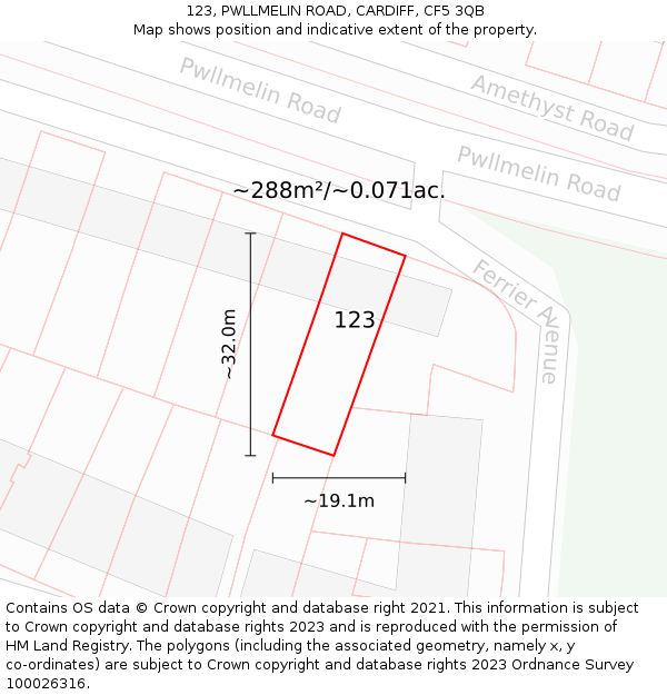123, PWLLMELIN ROAD, CARDIFF, CF5 3QB: Plot and title map