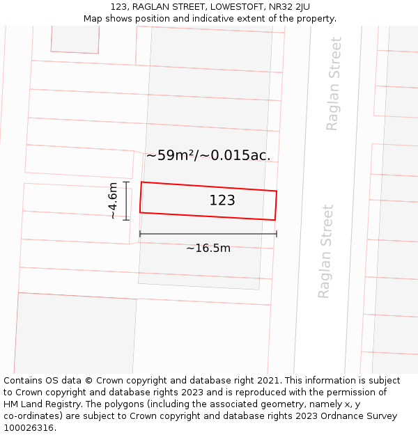 123, RAGLAN STREET, LOWESTOFT, NR32 2JU: Plot and title map