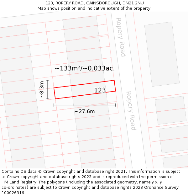 123, ROPERY ROAD, GAINSBOROUGH, DN21 2NU: Plot and title map
