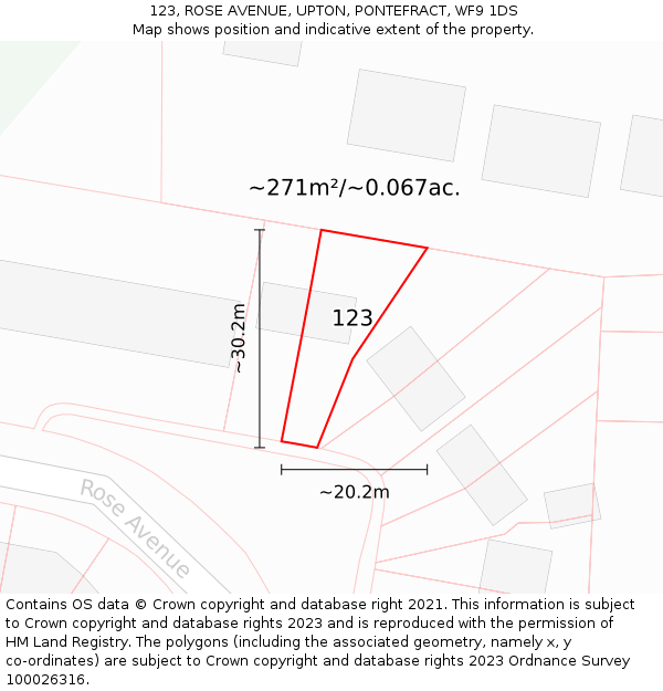 123, ROSE AVENUE, UPTON, PONTEFRACT, WF9 1DS: Plot and title map