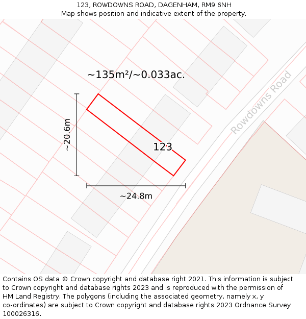 123, ROWDOWNS ROAD, DAGENHAM, RM9 6NH: Plot and title map