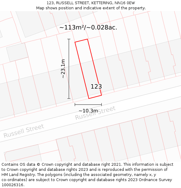 123, RUSSELL STREET, KETTERING, NN16 0EW: Plot and title map