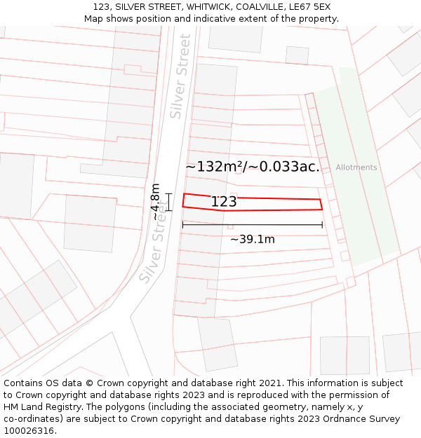 123, SILVER STREET, WHITWICK, COALVILLE, LE67 5EX: Plot and title map