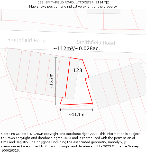 123, SMITHFIELD ROAD, UTTOXETER, ST14 7JZ: Plot and title map