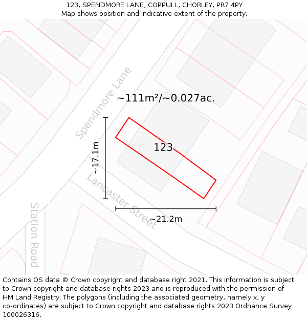 123, SPENDMORE LANE, COPPULL, CHORLEY, PR7 4PY: Plot and title map