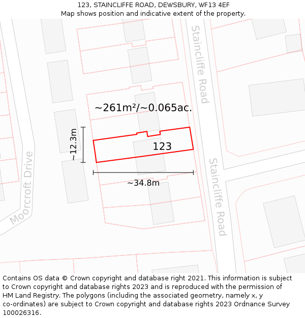 123, STAINCLIFFE ROAD, DEWSBURY, WF13 4EF: Plot and title map