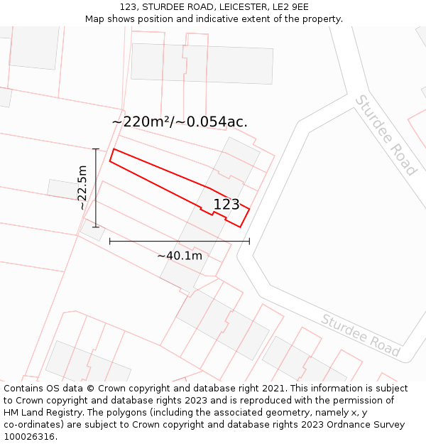 123, STURDEE ROAD, LEICESTER, LE2 9EE: Plot and title map