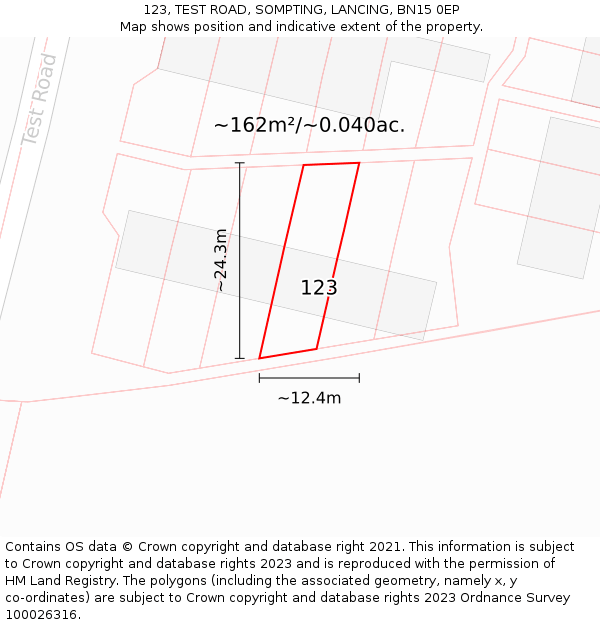 123, TEST ROAD, SOMPTING, LANCING, BN15 0EP: Plot and title map