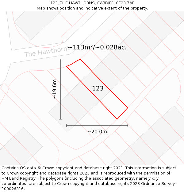123, THE HAWTHORNS, CARDIFF, CF23 7AR: Plot and title map