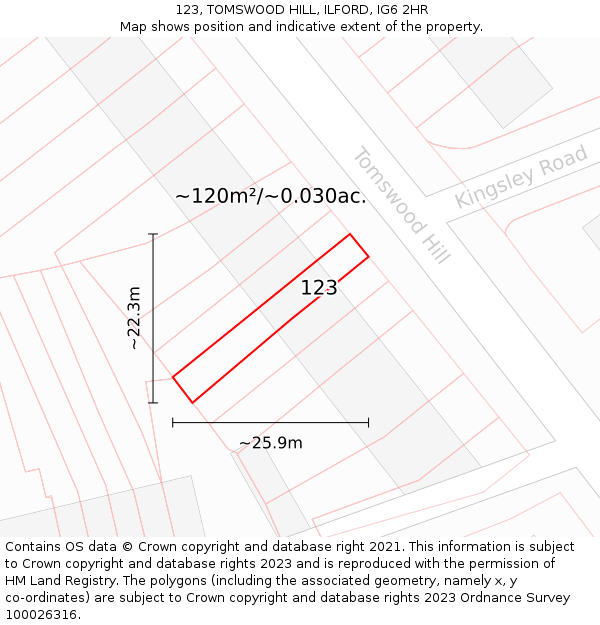 123, TOMSWOOD HILL, ILFORD, IG6 2HR: Plot and title map