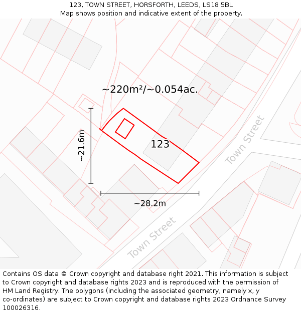123, TOWN STREET, HORSFORTH, LEEDS, LS18 5BL: Plot and title map
