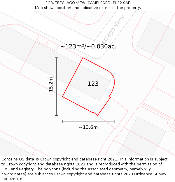 123, TRECLAGO VIEW, CAMELFORD, PL32 9AE: Plot and title map