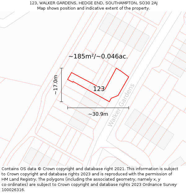 123, WALKER GARDENS, HEDGE END, SOUTHAMPTON, SO30 2AJ: Plot and title map