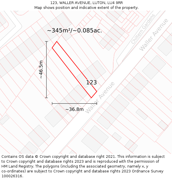 123, WALLER AVENUE, LUTON, LU4 9RR: Plot and title map