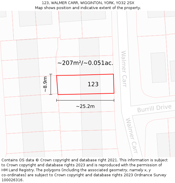 123, WALMER CARR, WIGGINTON, YORK, YO32 2SX: Plot and title map