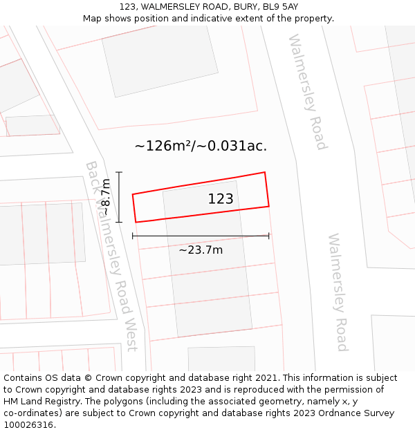 123, WALMERSLEY ROAD, BURY, BL9 5AY: Plot and title map