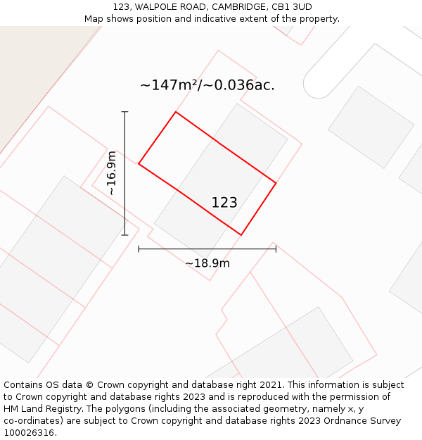 123, WALPOLE ROAD, CAMBRIDGE, CB1 3UD: Plot and title map
