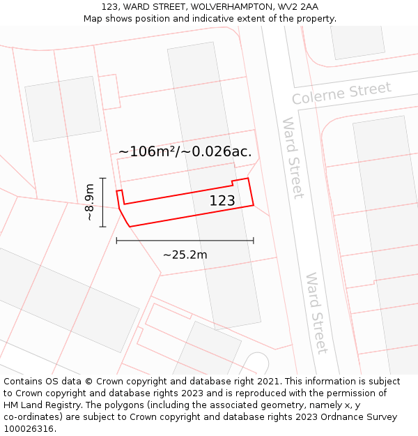 123, WARD STREET, WOLVERHAMPTON, WV2 2AA: Plot and title map