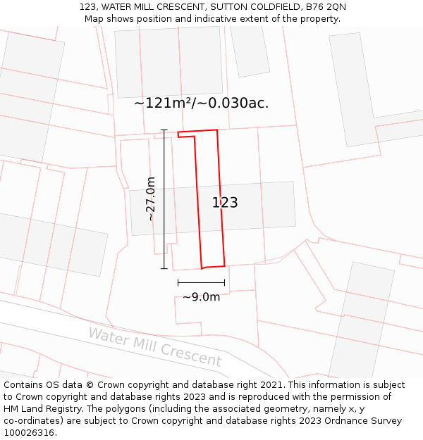 123, WATER MILL CRESCENT, SUTTON COLDFIELD, B76 2QN: Plot and title map