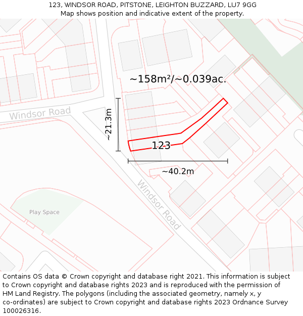 123, WINDSOR ROAD, PITSTONE, LEIGHTON BUZZARD, LU7 9GG: Plot and title map