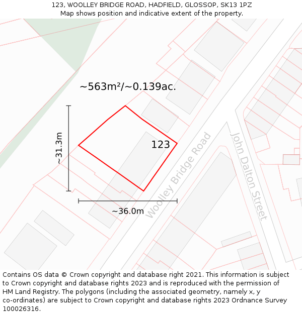 123, WOOLLEY BRIDGE ROAD, HADFIELD, GLOSSOP, SK13 1PZ: Plot and title map