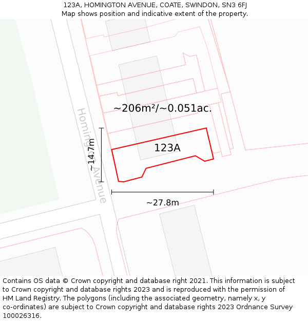 123A, HOMINGTON AVENUE, COATE, SWINDON, SN3 6FJ: Plot and title map