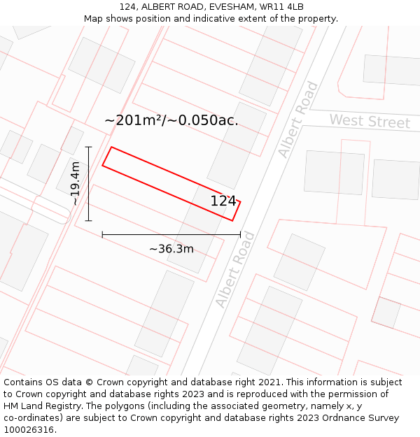 124, ALBERT ROAD, EVESHAM, WR11 4LB: Plot and title map