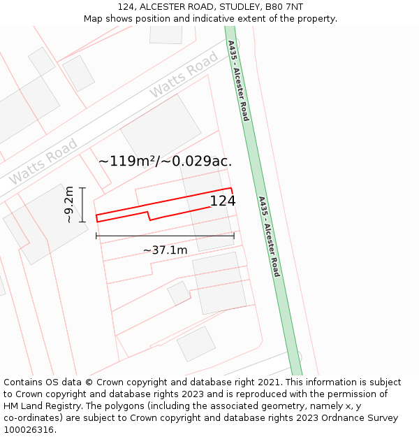 124, ALCESTER ROAD, STUDLEY, B80 7NT: Plot and title map