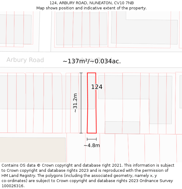 124, ARBURY ROAD, NUNEATON, CV10 7NB: Plot and title map