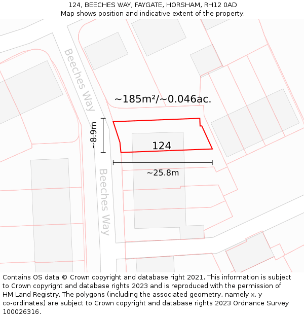 124, BEECHES WAY, FAYGATE, HORSHAM, RH12 0AD: Plot and title map