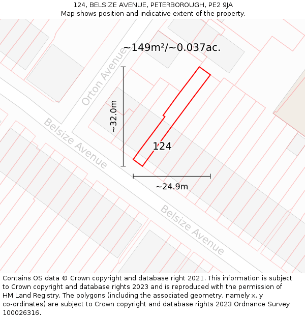 124, BELSIZE AVENUE, PETERBOROUGH, PE2 9JA: Plot and title map