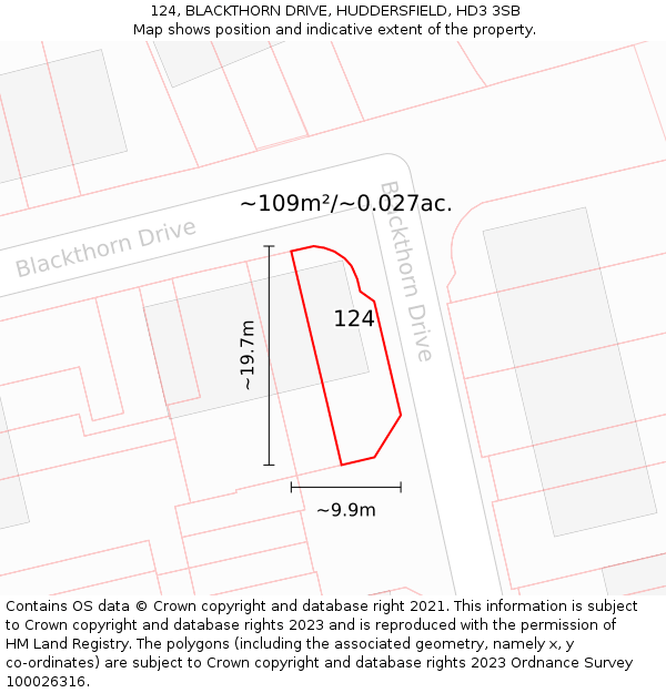 124, BLACKTHORN DRIVE, HUDDERSFIELD, HD3 3SB: Plot and title map