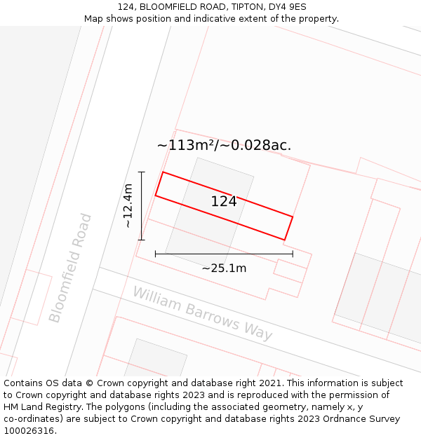 124, BLOOMFIELD ROAD, TIPTON, DY4 9ES: Plot and title map