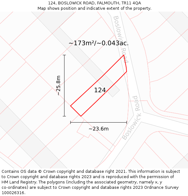 124, BOSLOWICK ROAD, FALMOUTH, TR11 4QA: Plot and title map
