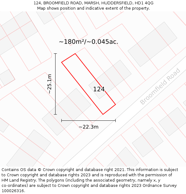 124, BROOMFIELD ROAD, MARSH, HUDDERSFIELD, HD1 4QG: Plot and title map