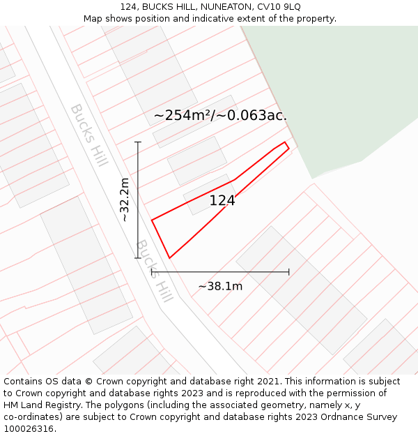 124, BUCKS HILL, NUNEATON, CV10 9LQ: Plot and title map