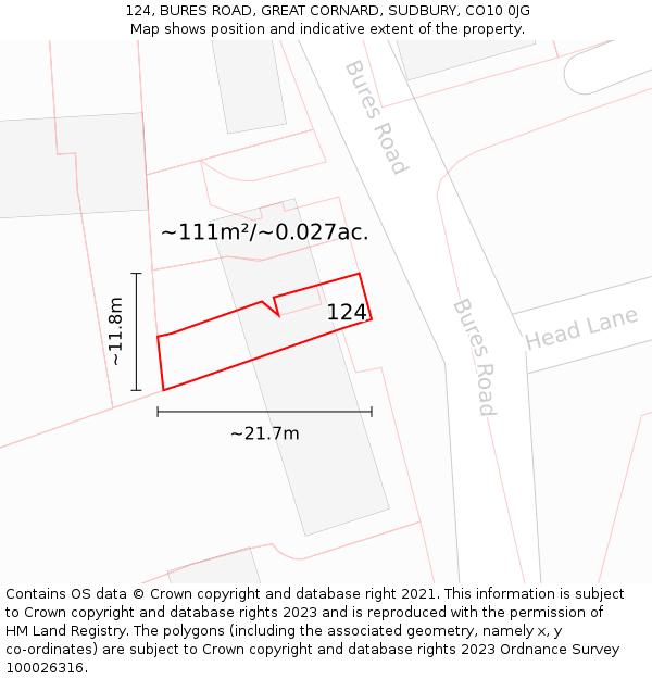 124, BURES ROAD, GREAT CORNARD, SUDBURY, CO10 0JG: Plot and title map