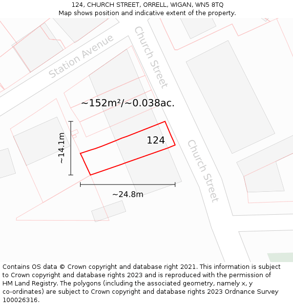 124, CHURCH STREET, ORRELL, WIGAN, WN5 8TQ: Plot and title map