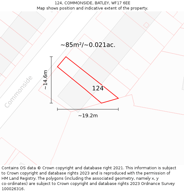124, COMMONSIDE, BATLEY, WF17 6EE: Plot and title map