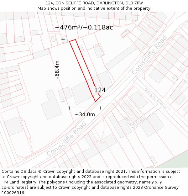 124, CONISCLIFFE ROAD, DARLINGTON, DL3 7RW: Plot and title map