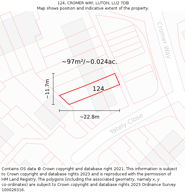 124, CROMER WAY, LUTON, LU2 7DB: Plot and title map