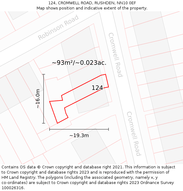 124, CROMWELL ROAD, RUSHDEN, NN10 0EF: Plot and title map