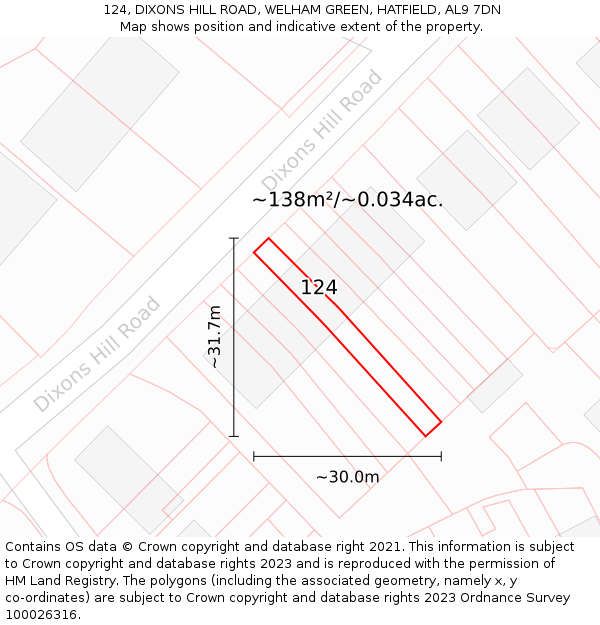 124, DIXONS HILL ROAD, WELHAM GREEN, HATFIELD, AL9 7DN: Plot and title map
