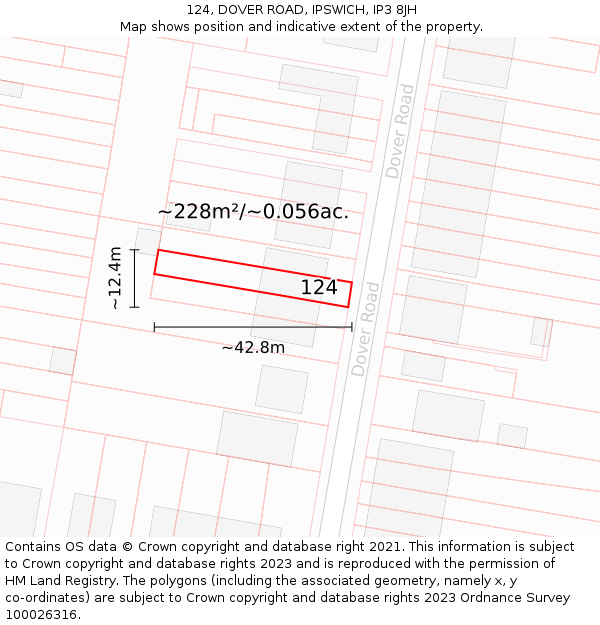 124, DOVER ROAD, IPSWICH, IP3 8JH: Plot and title map