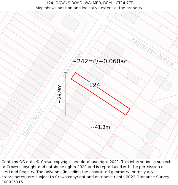 124, DOWNS ROAD, WALMER, DEAL, CT14 7TF: Plot and title map
