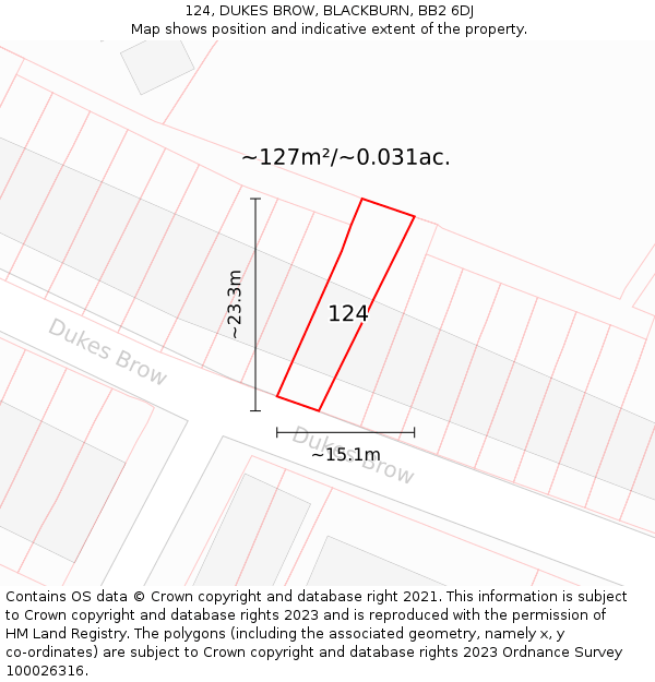 124, DUKES BROW, BLACKBURN, BB2 6DJ: Plot and title map