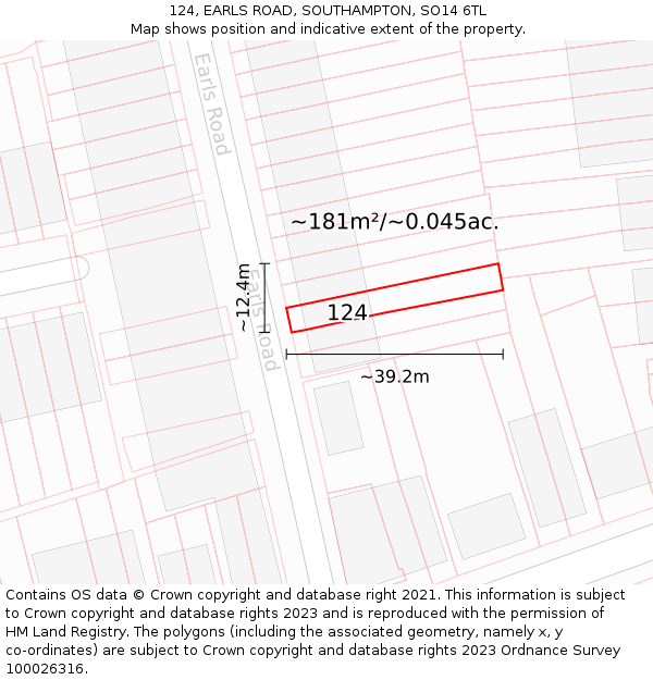124, EARLS ROAD, SOUTHAMPTON, SO14 6TL: Plot and title map